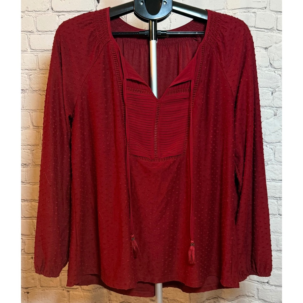 Daniel Rainn Womens Burgundy Clip Dot Pleated Bib Peasant Blouse XL